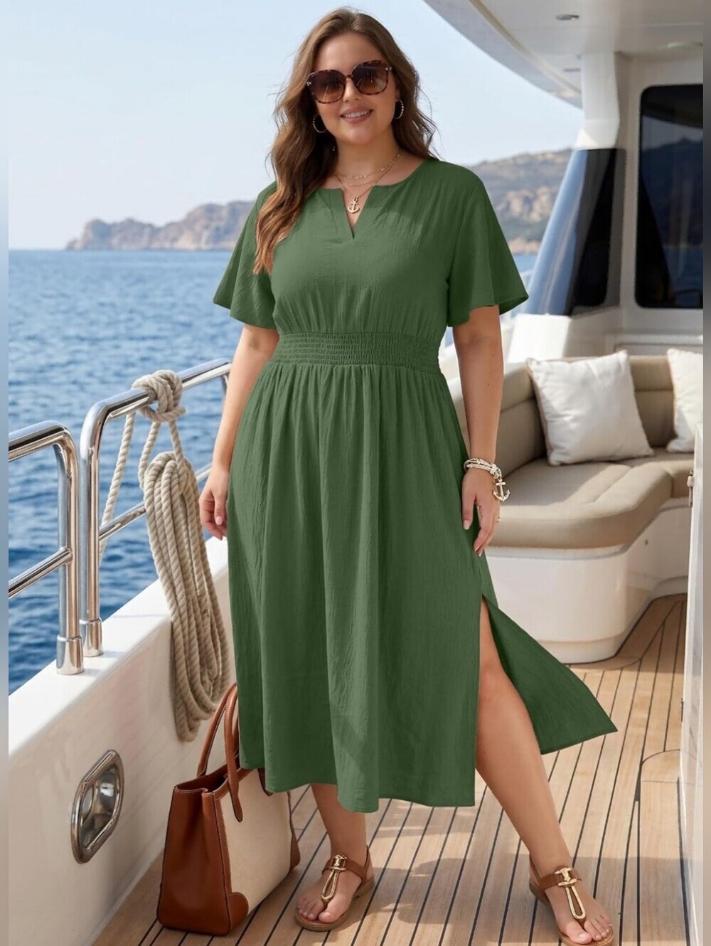 NWT Plus Size Sage Green Boho Maxi Dress 1X | Smocked Waist Pockets - Picture 2 of 6